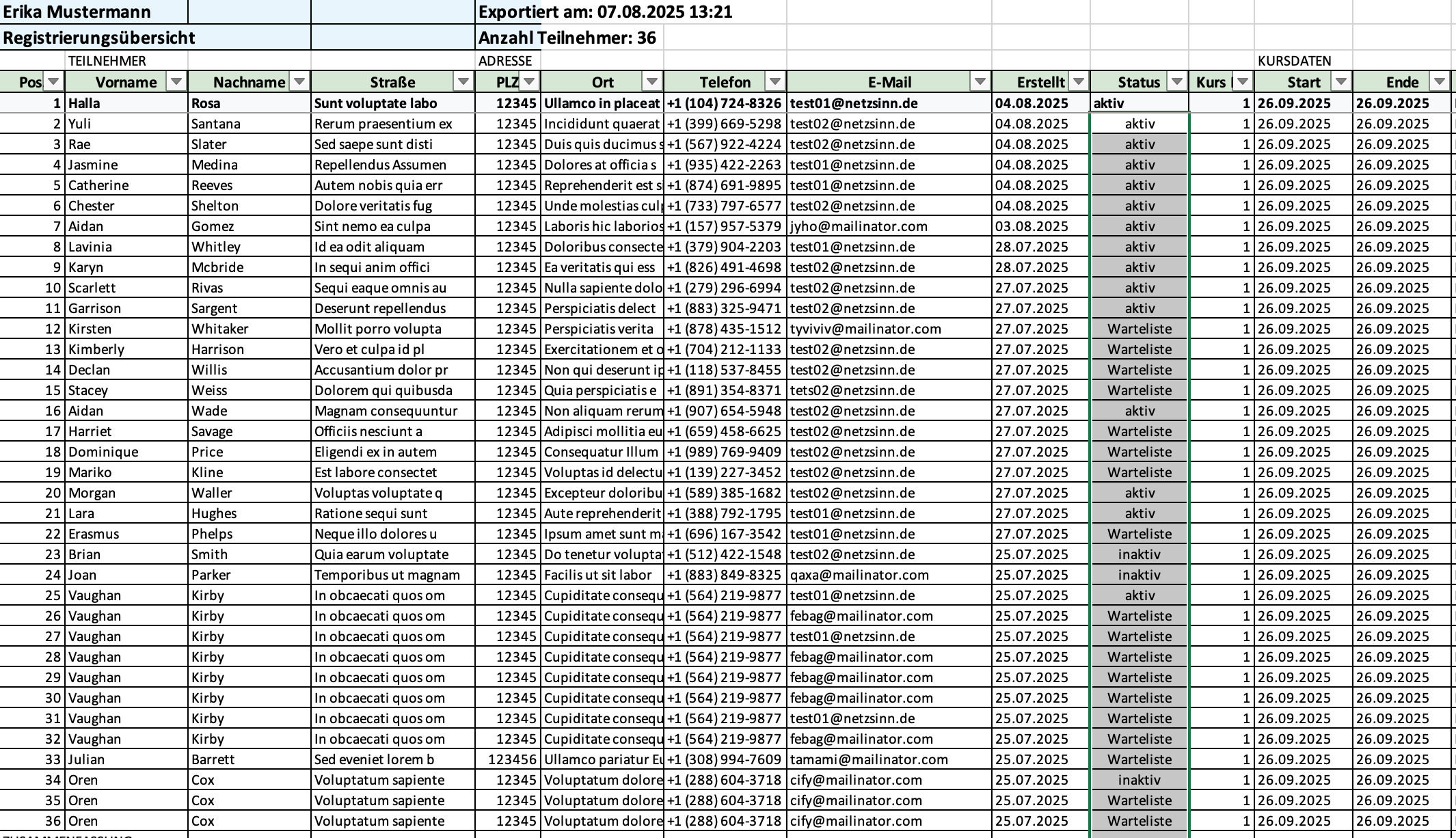 Teilnehmendenlisten als Excel & CSV-Export